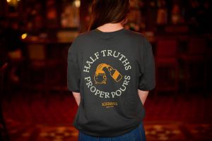 View of back wording on pub swag grey t-shirt for Kieran's Irish Pub