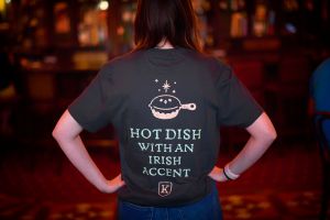 View of quote on the back of pub swag t-shirt for Kieran's Irish Pub